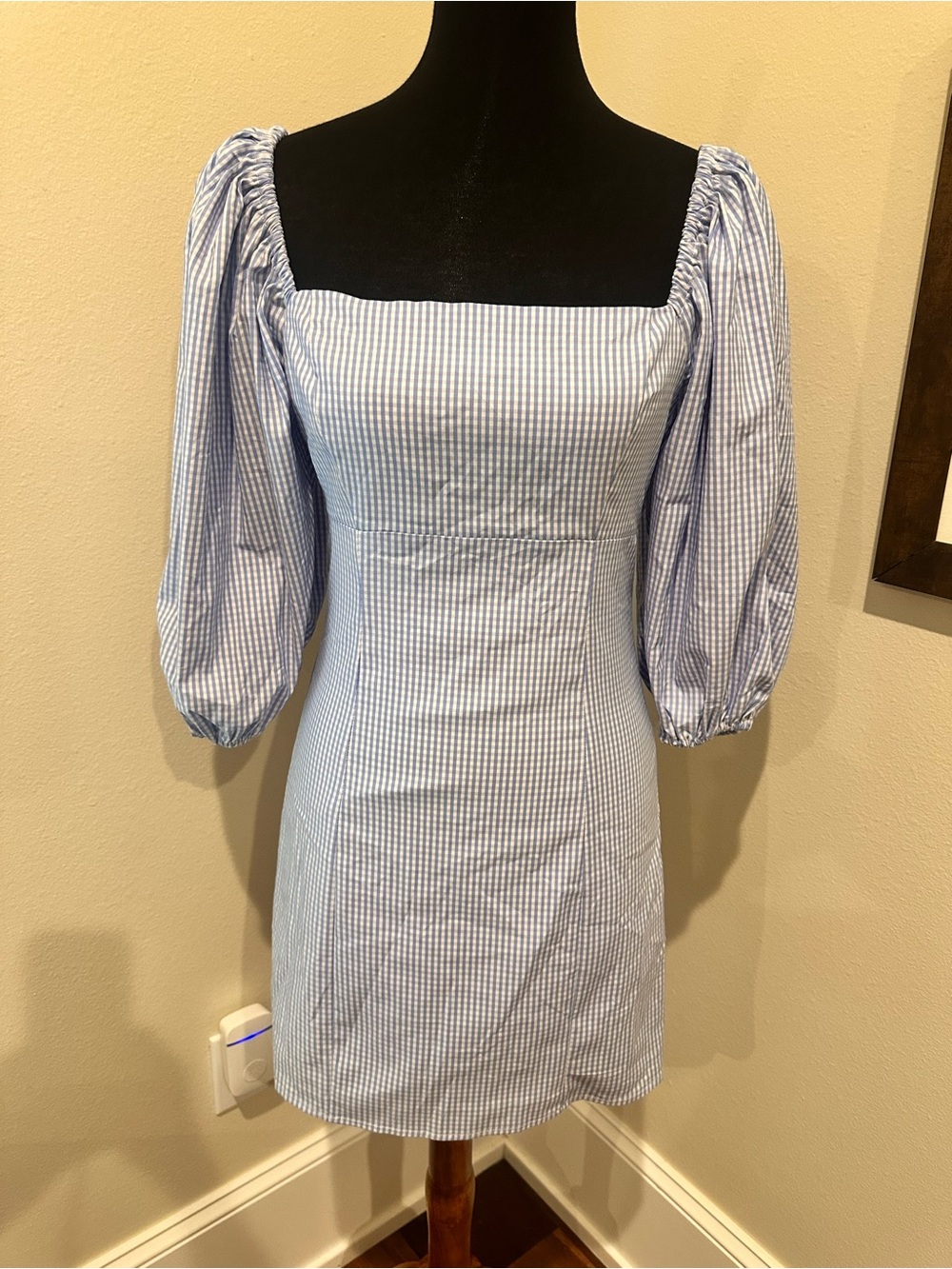 Forever21 Square Neck Puff-Sleeve Mini Dress in Light Blue Gingham Small - Picture 3 of 15